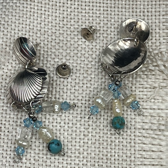 90's Handmade Sterling Silver Double Shell Earrings with Turquoise - Picture 11 of 16